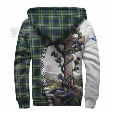 Spottiswood Tartan Sherpa Hoodie with Family Crest and St. Andrew's Cross Accented by Thistle Vines - Tartan Vibes Clothing