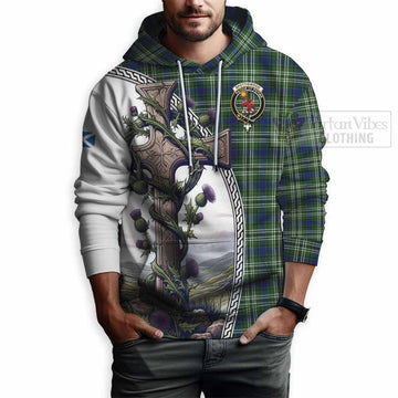 Spottiswood Tartan Hoodie with Family Crest and St. Andrew's Cross Accented by Thistle Vines - Tartan Vibes Clothing