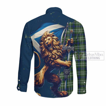 Spottiswood Tartan Family Crest Long Sleeve Button Shirt with Scottish Majestic Lion Men's Shirt - Tartan Vibes Clothing