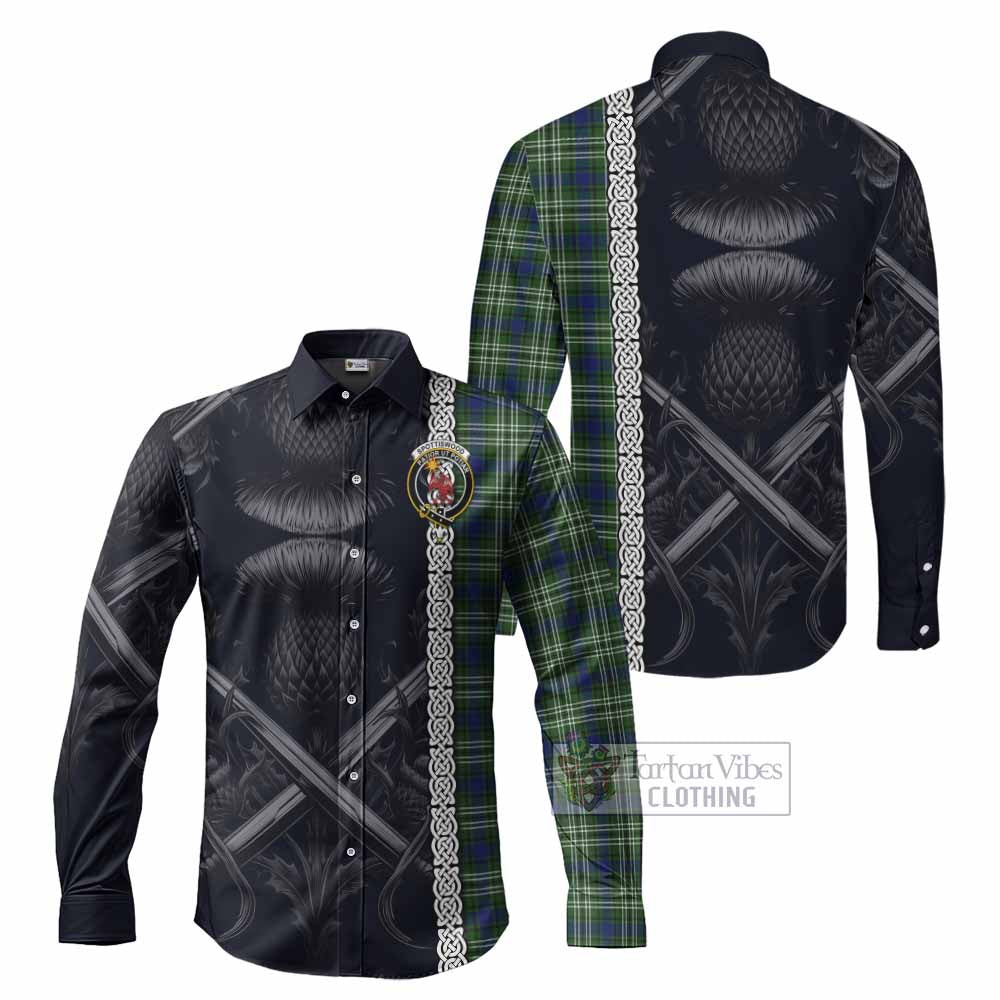 Tartan Vibes Clothing Spottiswood Tartan Long Sleeve Button Shirt with Family Crest Cross Sword Thistle Celtic Vibes