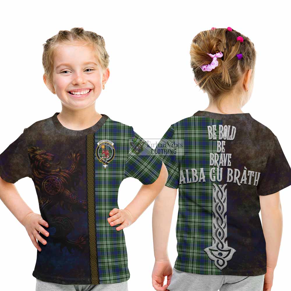 Tartan Vibes Clothing Spottiswood Tartan Family Crest Kid T-Shirt Alba Gu Brath Be Brave Lion Ancient Style
