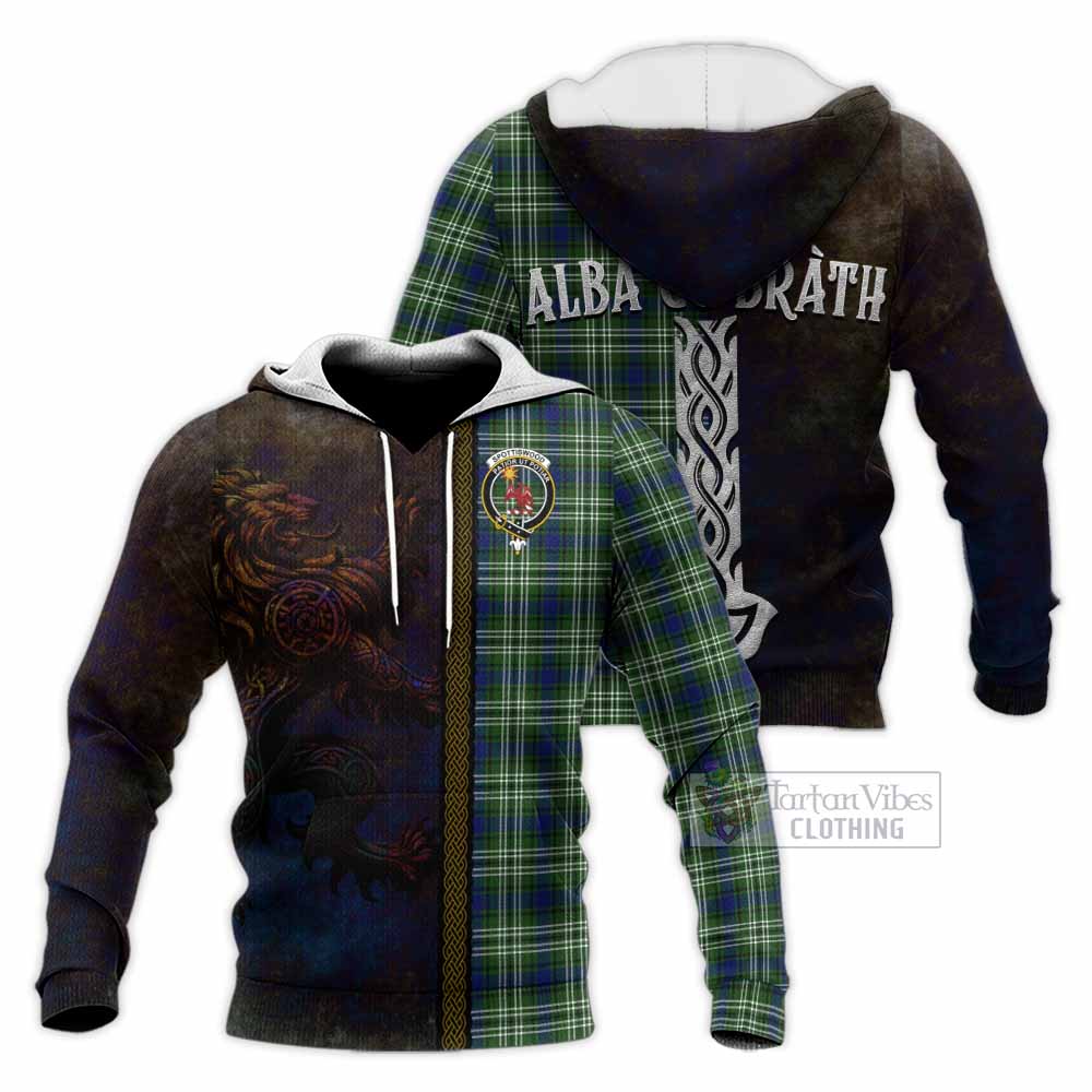 Tartan Vibes Clothing Spottiswood Tartan Family Crest Knitted Hoodie Alba Gu Brath Be Brave Lion Ancient Style