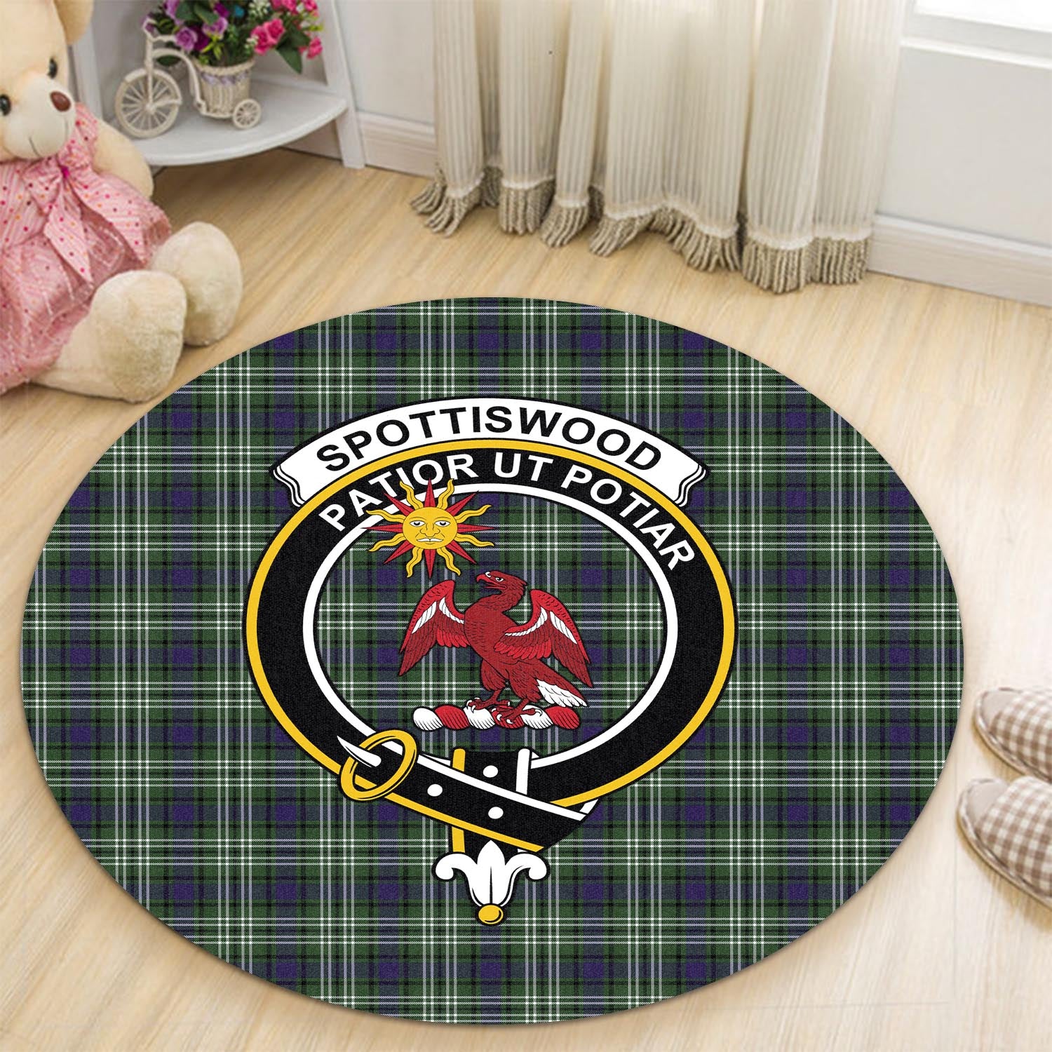 Spottiswood Tartan Round Rug with Family Crest - Tartan Vibes Clothing