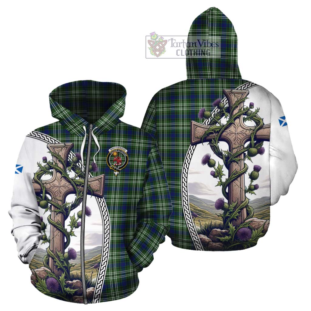 Tartan Vibes Clothing Spottiswood Tartan Cotton Hoodie with Family Crest and St. Andrew's Cross Accented by Thistle Vines