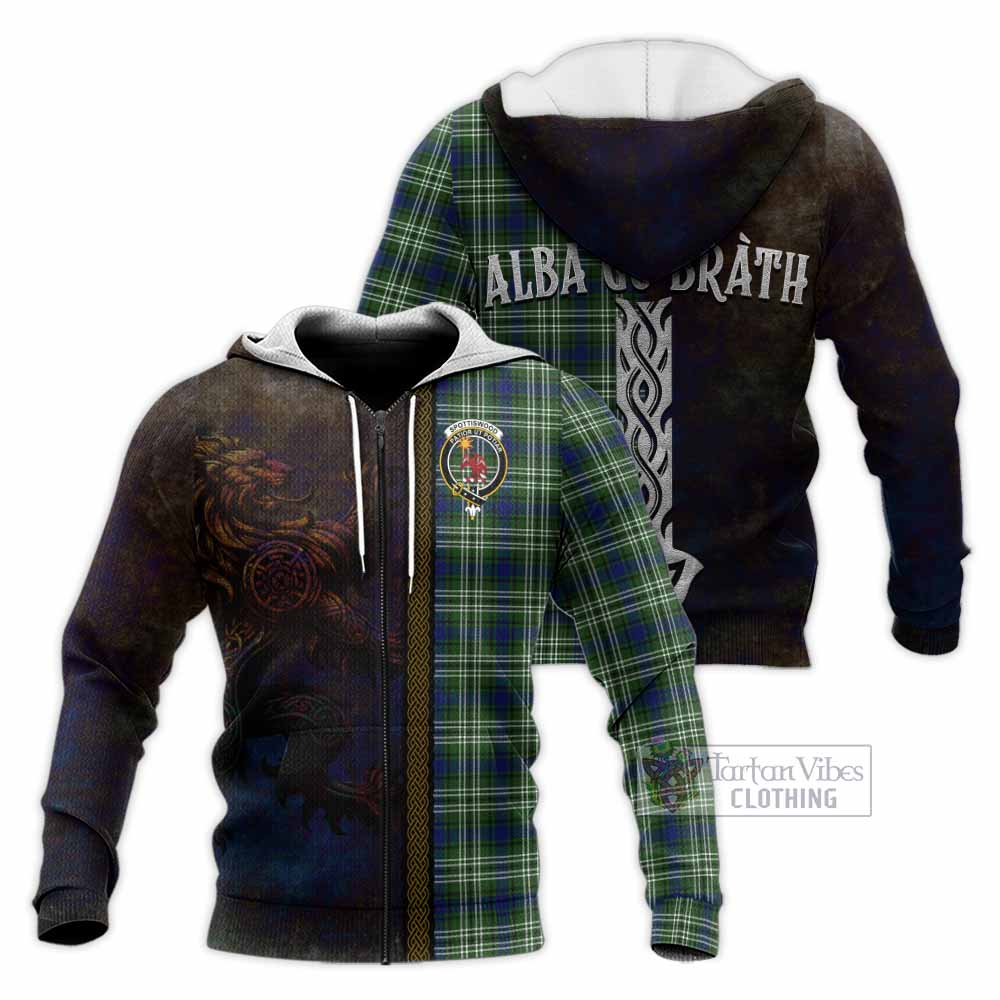 Tartan Vibes Clothing Spottiswood Tartan Family Crest Knitted Hoodie Alba Gu Brath Be Brave Lion Ancient Style