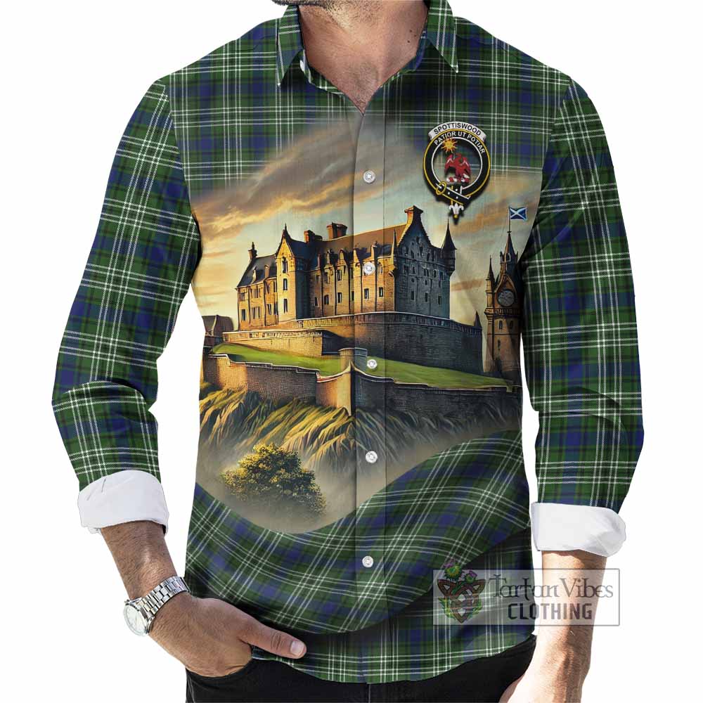 Tartan Vibes Clothing Spottiswood Tartan Family Crest Long Sleeve Button Shirt with Scottish Ancient Castle Style