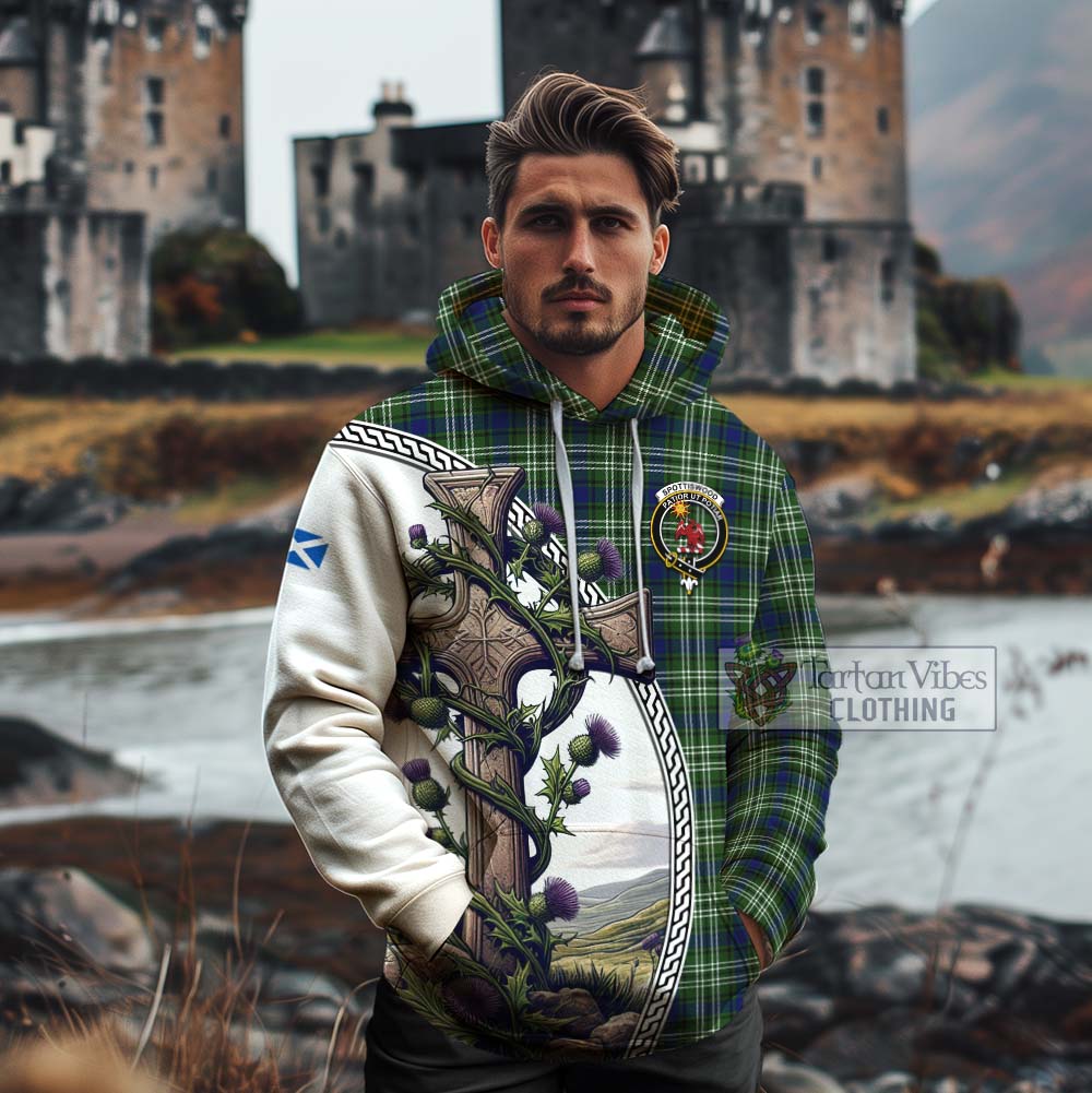 Tartan Vibes Clothing Spottiswood Tartan Cotton Hoodie with Family Crest and St. Andrew's Cross Accented by Thistle Vines