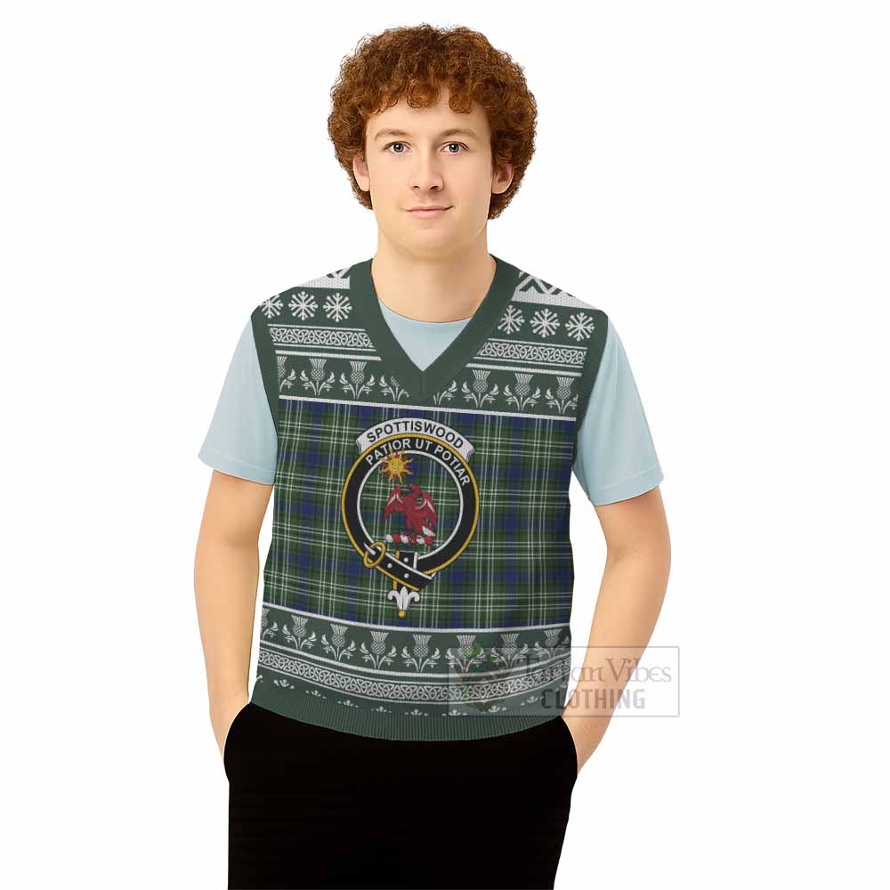 Spottiswood Clan Tartan Christmas Knitted V-Neck Vest with Family Crest - Tartan Vibes Clothing