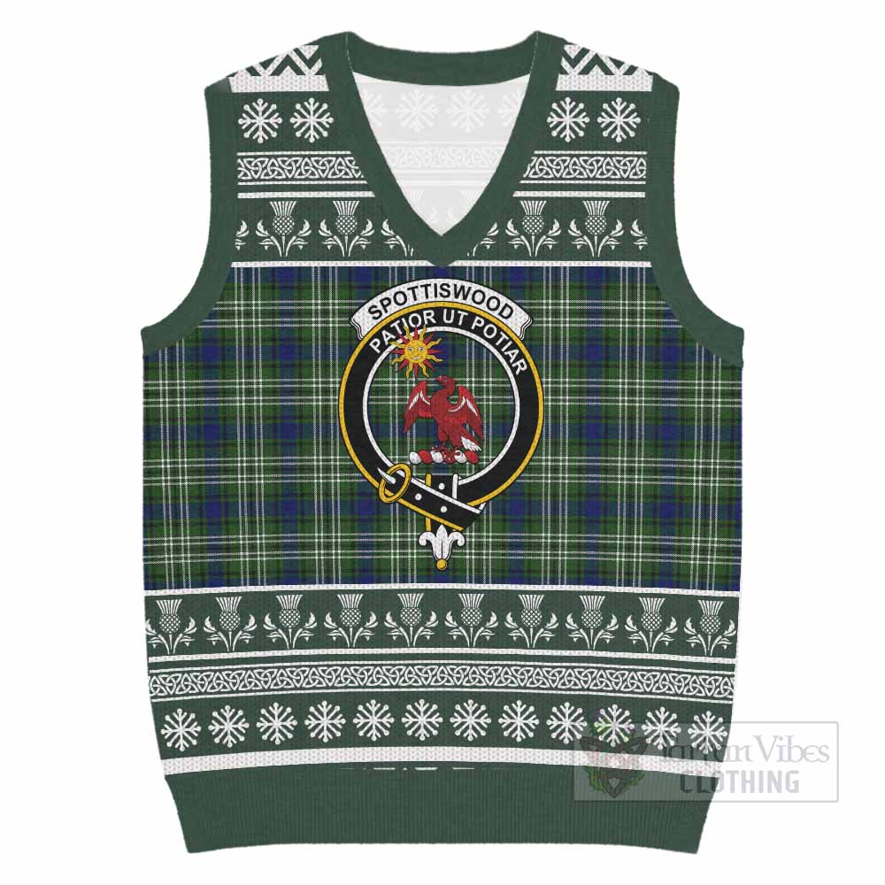 Spottiswood Clan Tartan Christmas Knitted V-Neck Vest with Family Crest - Tartan Vibes Clothing