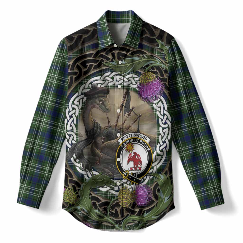Spottiswood Tartan Crest Bagpipe Nessie Women Casual Shirt Scottish Loch Ness Monster Celtic Thistle