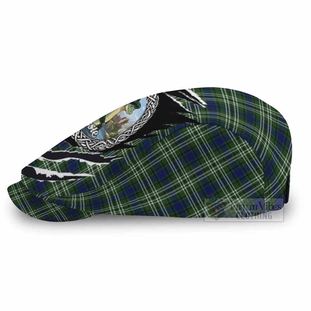 Spottiswood Tartan Loch Ness Monster Flat Cap, Jeff Cap Celtic Knot Nessie Art