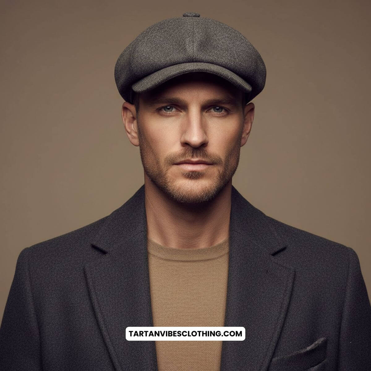 A man with a square face wearing a grey newsboy cap, looking straight ahead in a studio portrait.