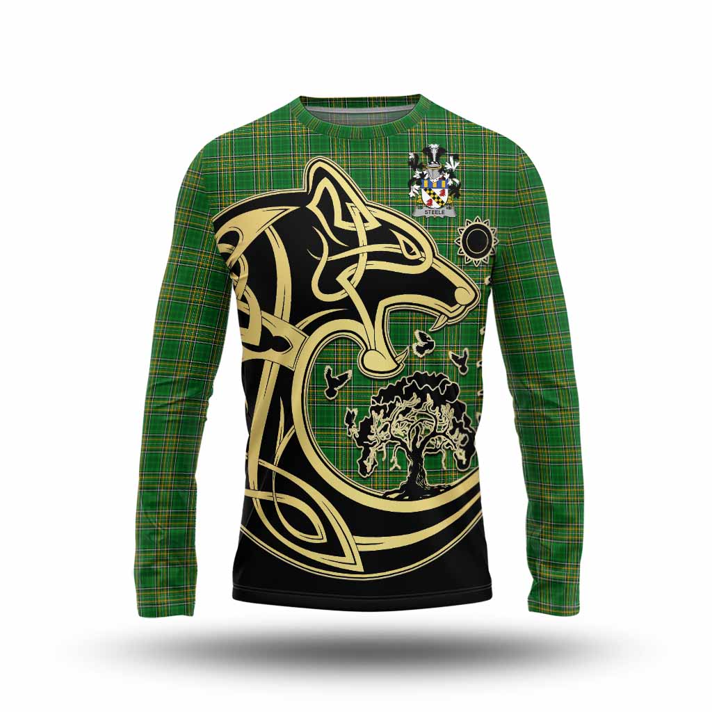 Tartan Vibes Clothing Steele Irish Tartan Long Sleeve T-Shirt with Coat of Arms Celtic Wolf Style