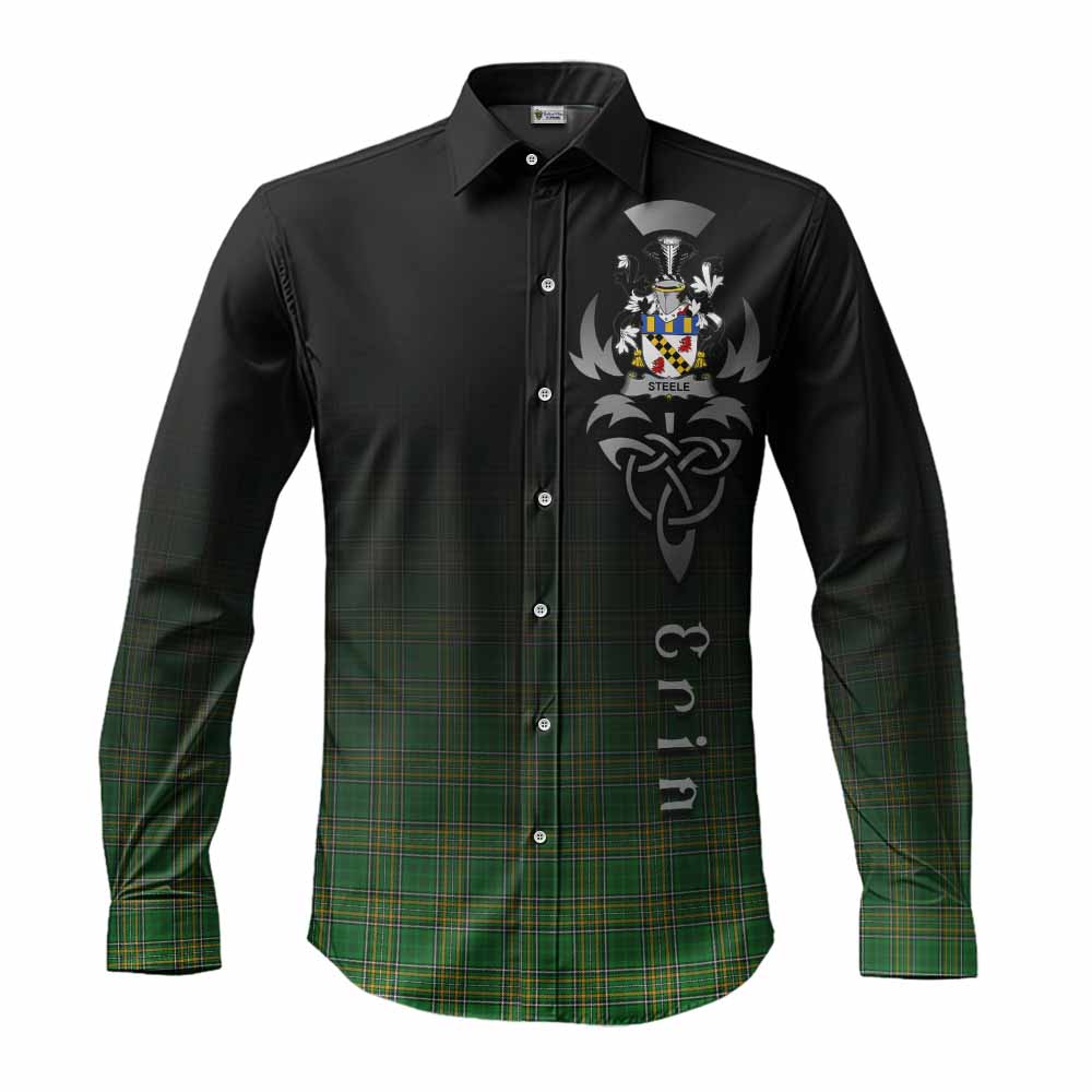 Tartan Vibes Clothing Steele Irish Clan Long Sleeve Button Shirt with Coat of Arms Erin Go Bragh Celtic Inspired