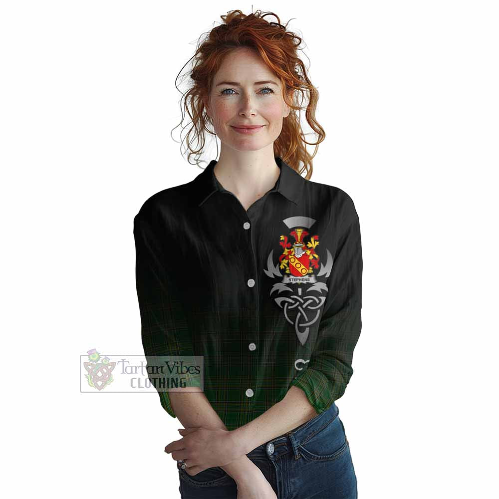 Tartan Vibes Clothing Stephens Irish Clan Women's Casual Shirt with Coat of Arms Erin Go Bragh Celtic Inspired