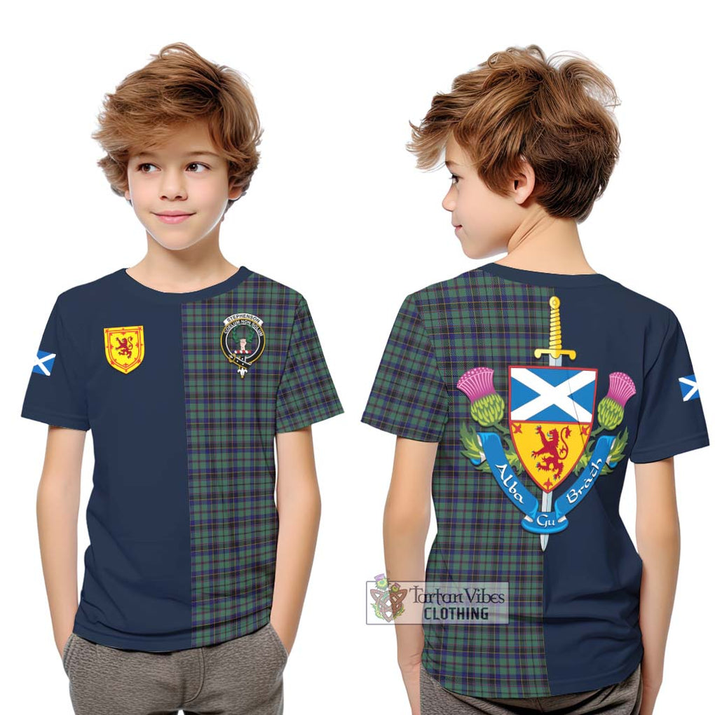 Stephenson (Stevenson) Tartan Kid T-Shirt Alba with Scottish Lion Royal Arm Half Style Youth XL Size14 - Tartan Vibes Clothing