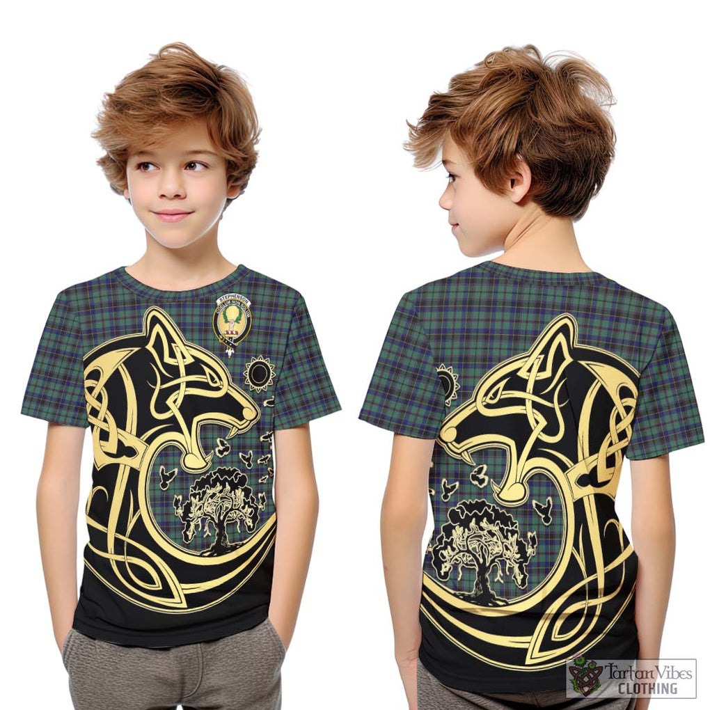 Stephenson (Stevenson) Tartan Kid T-Shirt with Family Crest Celtic Wolf Style Youth XL Size14 - Tartan Vibes Clothing