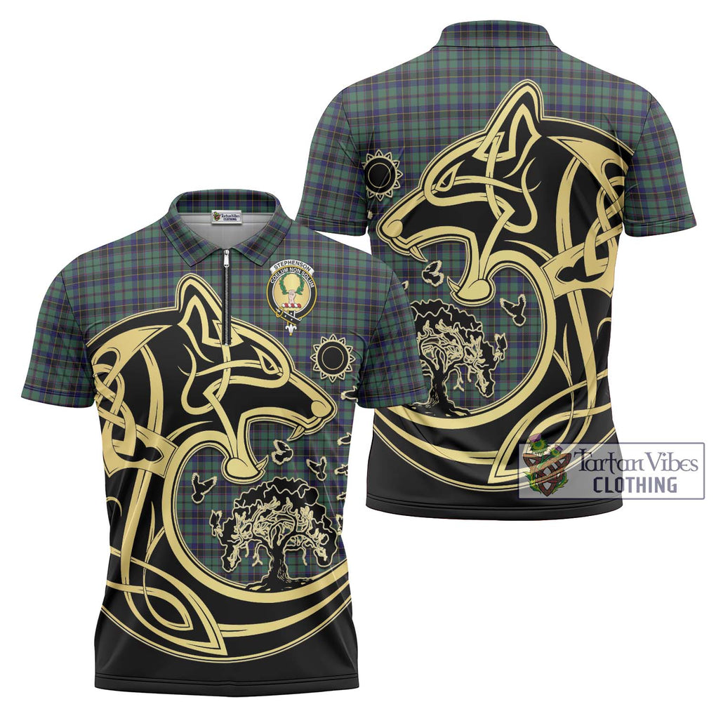 Stephenson (Stevenson) Tartan Zipper Polo Shirt with Family Crest Celtic Wolf Style Unisex - Tartan Vibes Clothing