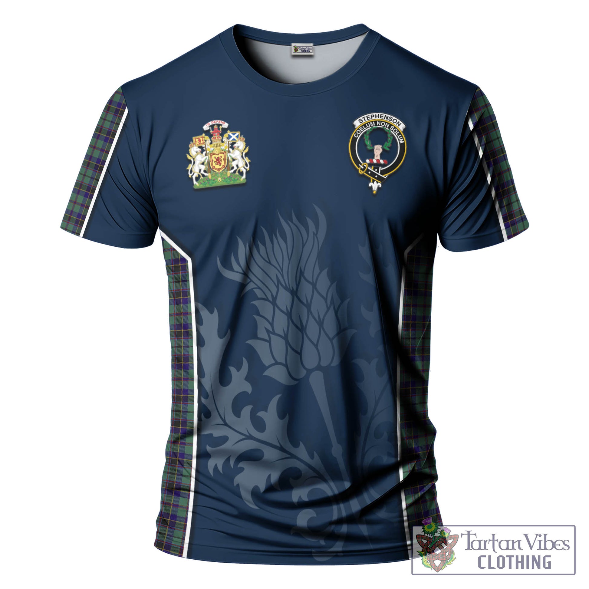 Tartan Vibes Clothing Stephenson Tartan T-Shirt with Family Crest and Scottish Thistle Vibes Sport Style