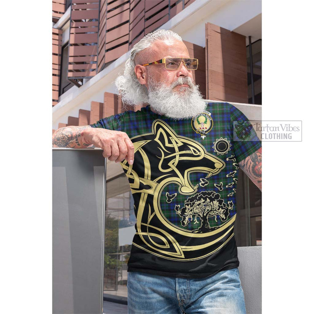 Tartan Vibes Clothing Stephenson Hunting Tartan Cotton T-shirt with Family Crest Celtic Wolf Style
