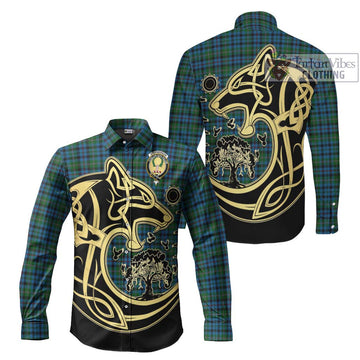 Stephenson Hunting Red Stripe Tartan Long Sleeve Button Shirt with Family Crest Celtic Wolf Style Men's Shirt S - Tartan Vibes Clothing