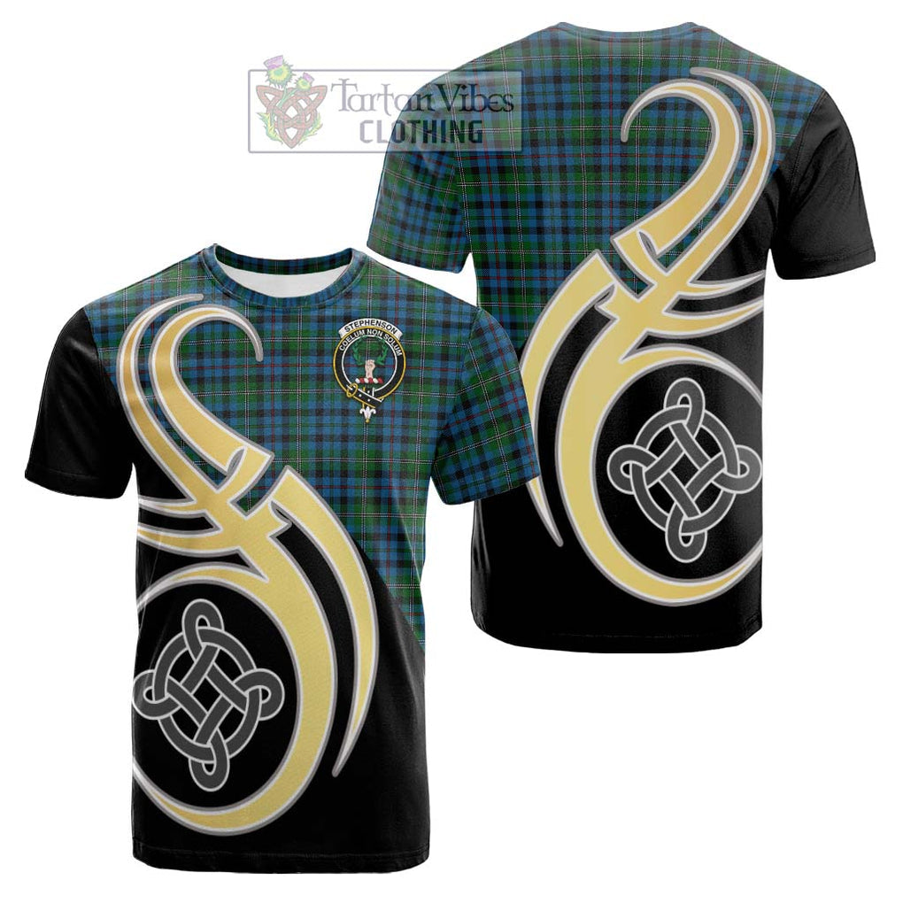 Tartan Vibes Clothing Stephenson Hunting Red Stripe Tartan Cotton T-shirt with Family Crest and Celtic Symbol Style
