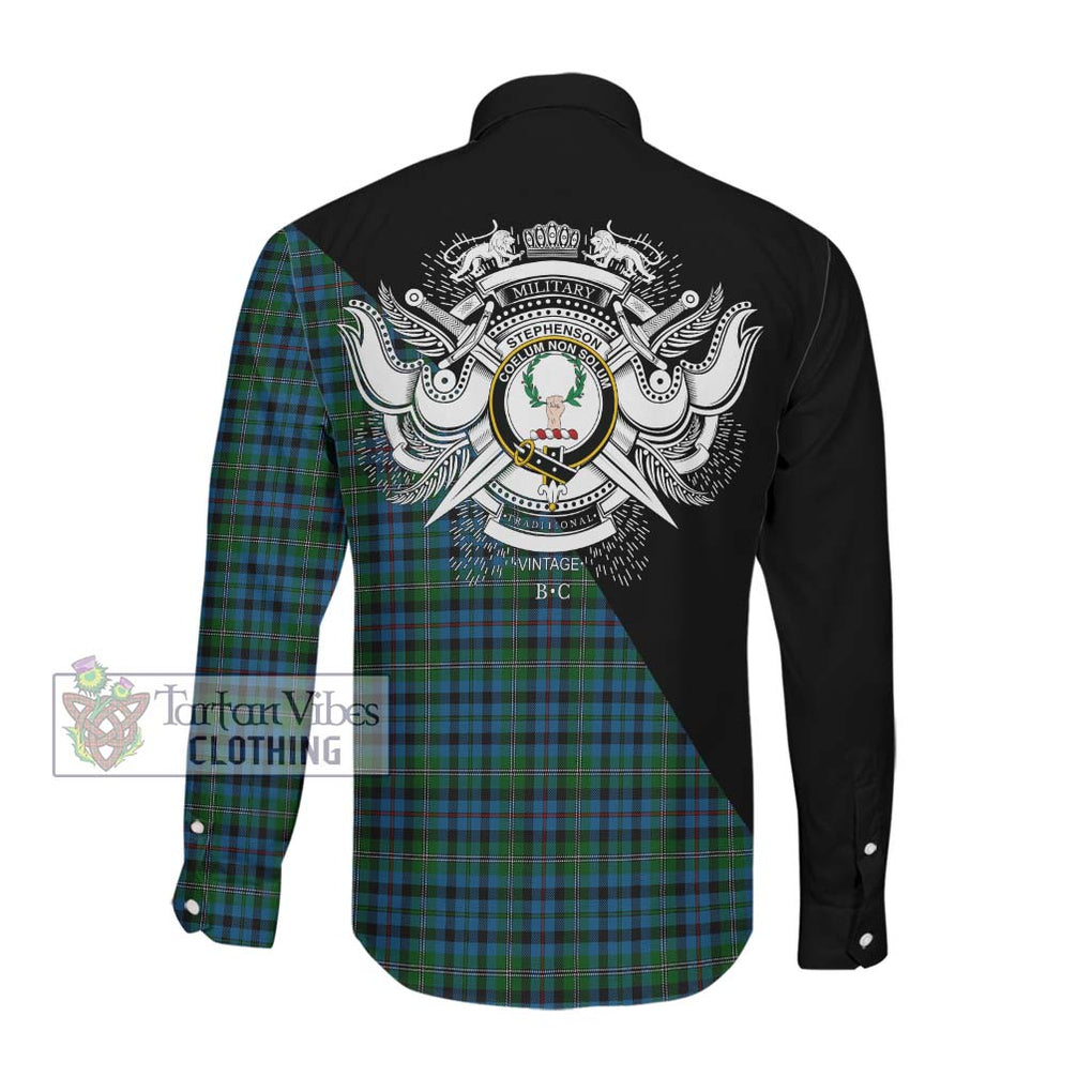 Stephenson Hunting Red Stripe Tartan Long Sleeve Button Shirt with Family Crest and Military Logo Style Men's Shirt - Tartanvibesclothing Shop