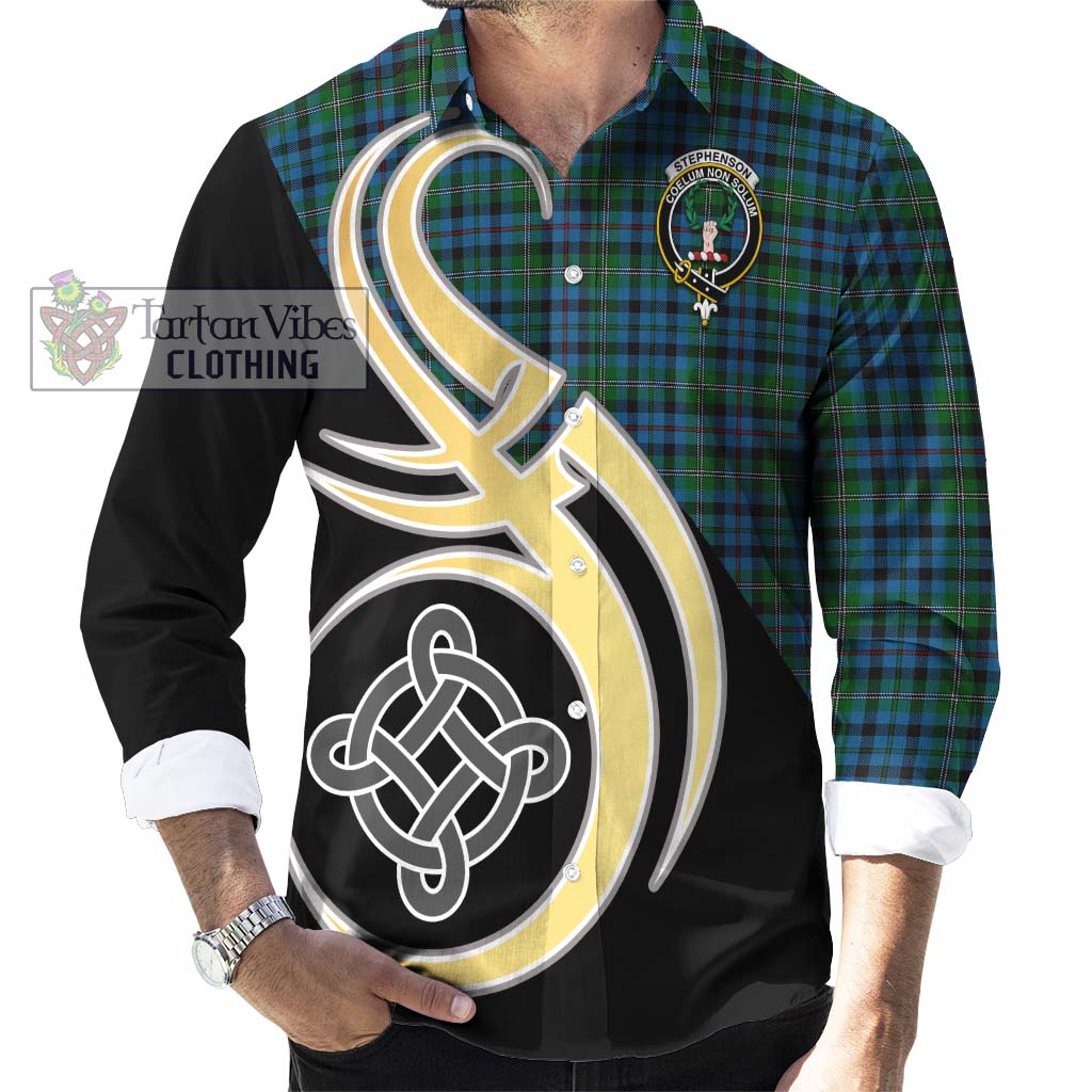 Stephenson Hunting Red Stripe Tartan Long Sleeve Button Shirt with Family Crest and Celtic Symbol Style - Tartan Vibes Clothing