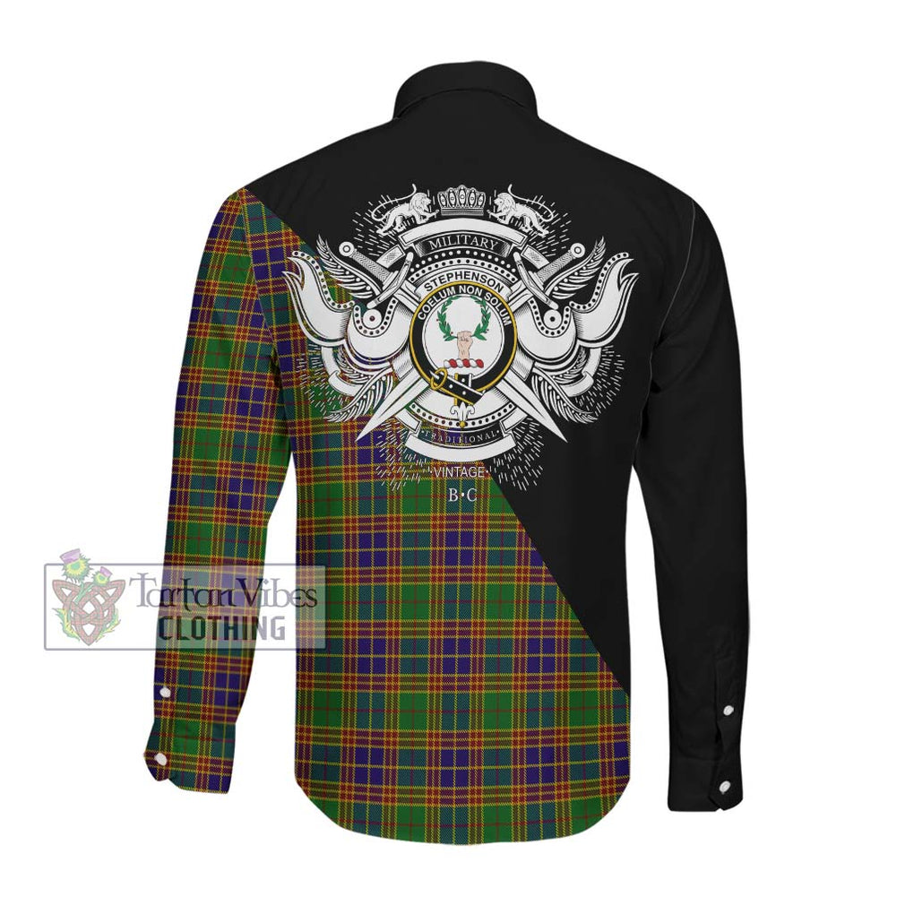 Stephenson Old Tartan Long Sleeve Button Shirt with Family Crest and Military Logo Style Men's Shirt - Tartanvibesclothing Shop