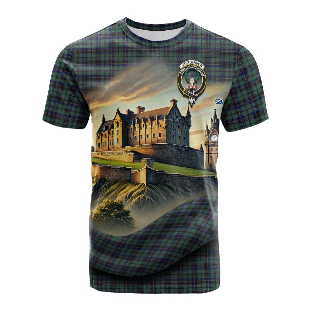 Tartan Vibes Clothing Stephenson (Stevenson) Tartan Family Crest Cotton T-shirt with Scottish Ancient Castle Style