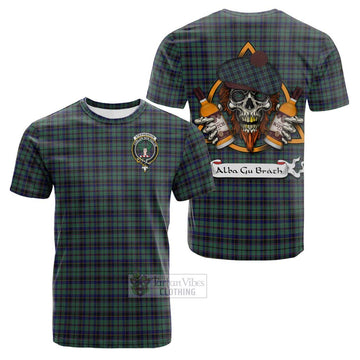 Tartan Vibes Clothing Stephenson (Stevenson) Tartan Cotton T-shirt with Family Crest and Bearded Skull Holding Bottles of Whiskey
