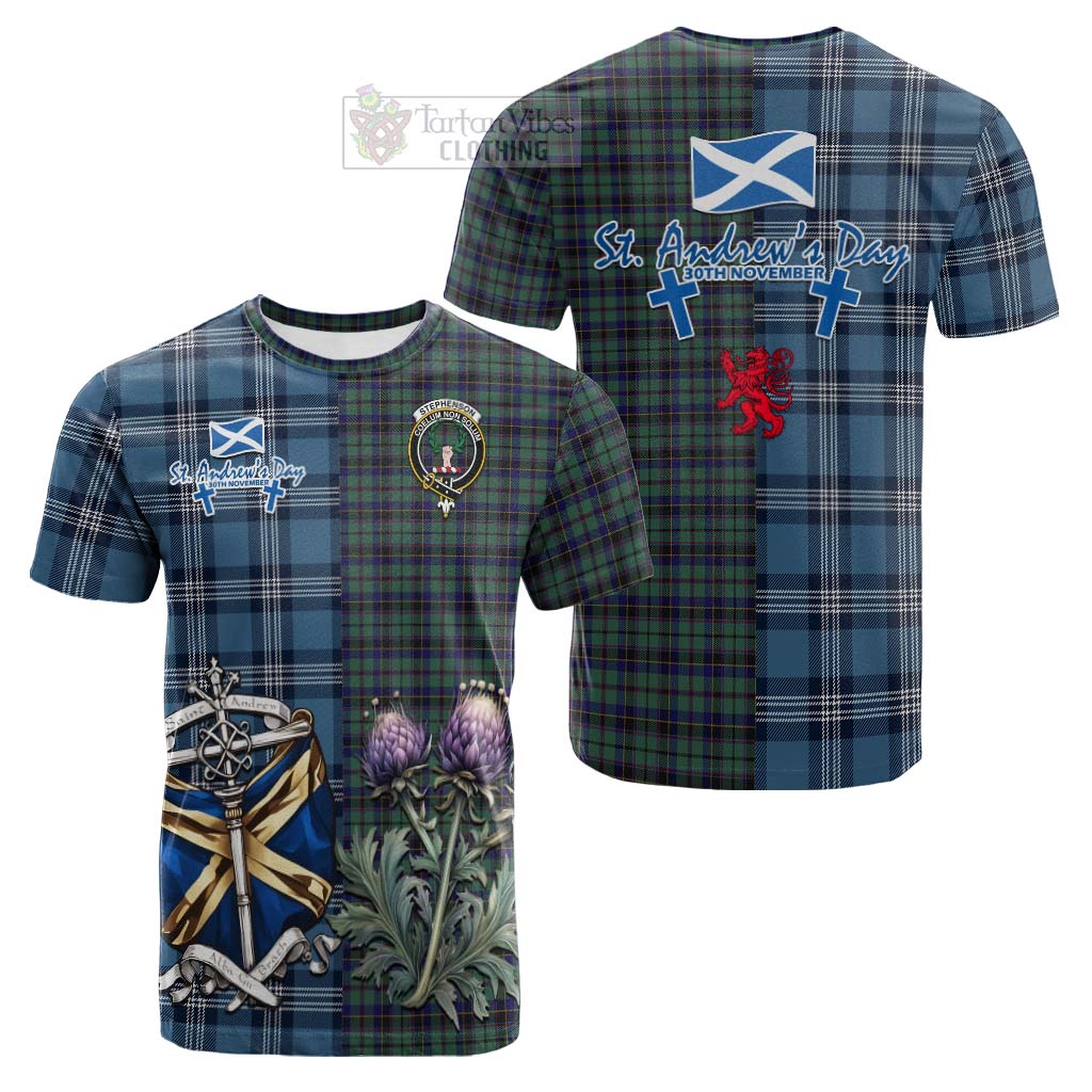 Tartan Vibes Clothing Stephenson (Stevenson) Tartan Cotton T-shirt Happy St. Andrew's Day Half Tartan Style