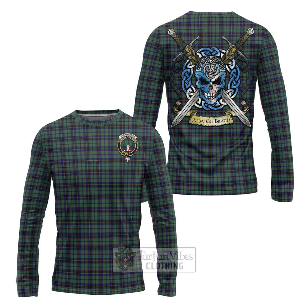 Stephenson (Stevenson) Tartan Long Sleeve T-Shirt with Family Crest Celtic Skull Style Unisex - Tartan Vibes Clothing