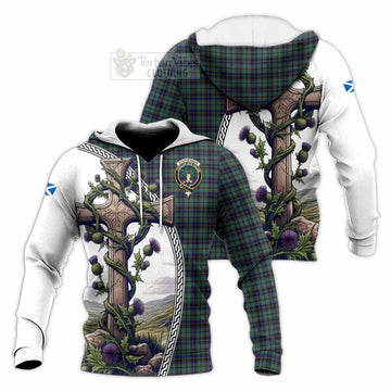 Stephenson (Stevenson) Tartan Knitted Hoodie with Family Crest and St. Andrew's Cross Accented by Thistle Vines Unisex Knitted Pullover Hoodie - Tartan Vibes Clothing