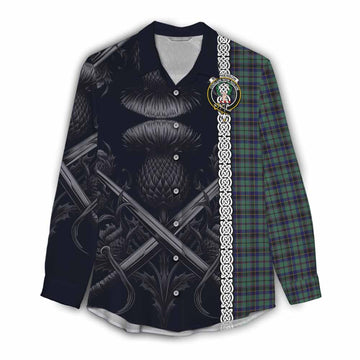 Stephenson (Stevenson) Tartan Women's Casual Shirt with Family Crest Cross Sword Thistle Celtic Vibes Female - Tartan Vibes Clothing