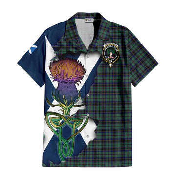 Tartan Vibes Clothing Stephenson (Stevenson) Tartan Family Crest Short Sleeve Button Shirt Scottish Thistle Celtic Inspired