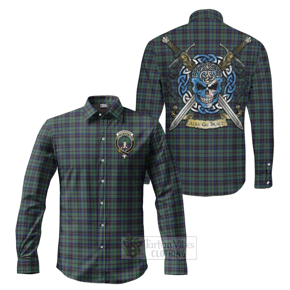 Stephenson (Stevenson) Tartan Long Sleeve Button Shirt with Family Crest Celtic Skull Style Men's Shirt S - Tartan Vibes Clothing