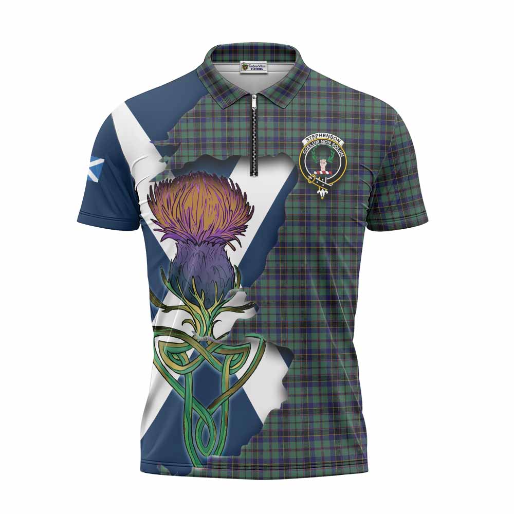 Tartan Vibes Clothing Stephenson (Stevenson) Tartan Family Crest Zipper Polo Shirt Scottish Thistle Celtic Inspired