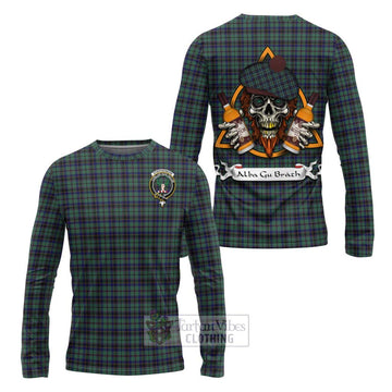 Stephenson (Stevenson) Tartan Long Sleeve T-Shirt with Family Crest and Bearded Skull Holding Bottles of Whiskey Unisex - Tartan Vibes Clothing