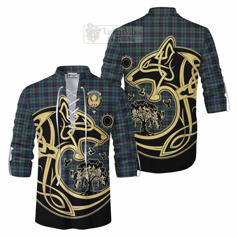 Stephenson (Stevenson) Tartan Ghillie Kilt Shirt with Family Crest Celtic Wolf Style Men - Tartan Vibes Clothing