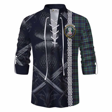 Stephenson (Stevenson) Tartan Ghillie Kilt Shirt with Family Crest Cross Sword Thistle Celtic Vibes Men - Tartan Vibes Clothing