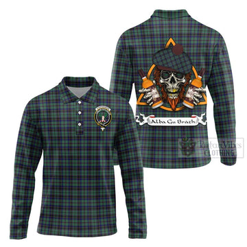 Stephenson (Stevenson) Tartan Long Sleeve Polo Shirt with Family Crest and Bearded Skull Holding Bottles of Whiskey Unisex - Tartan Vibes Clothing