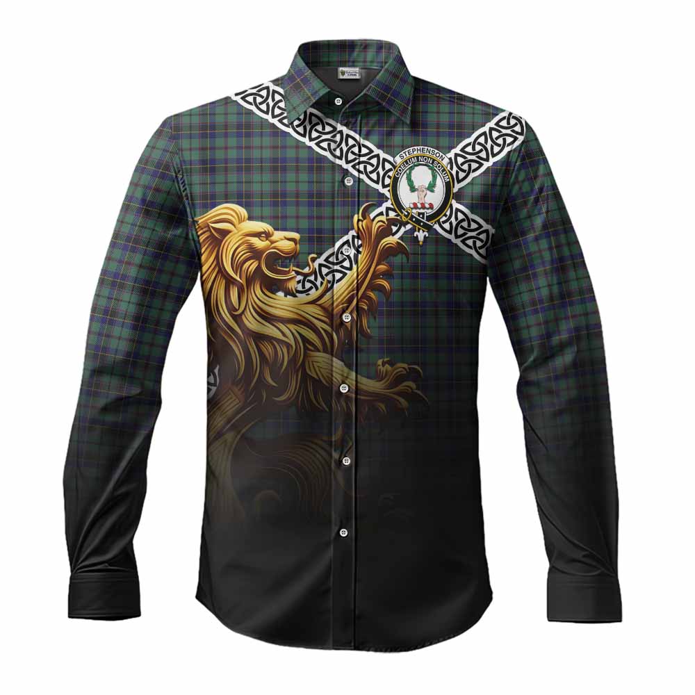 Stephenson (Stevenson) Crest Tartan Long Sleeve Button Shirt with Golden Lion Emblem Celtic Style Men's Shirt S - Tartan Vibes Clothing
