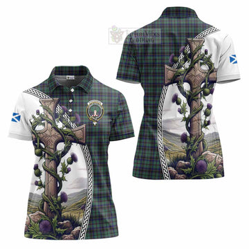 Stephenson (Stevenson) Tartan Women's Polo Shirt with Family Crest and St. Andrew's Cross Accented by Thistle Vines Women - Tartan Vibes Clothing