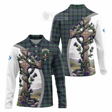 Stephenson (Stevenson) Tartan Long Sleeve Polo Shirt with Family Crest and St. Andrew's Cross Accented by Thistle Vines Unisex - Tartan Vibes Clothing