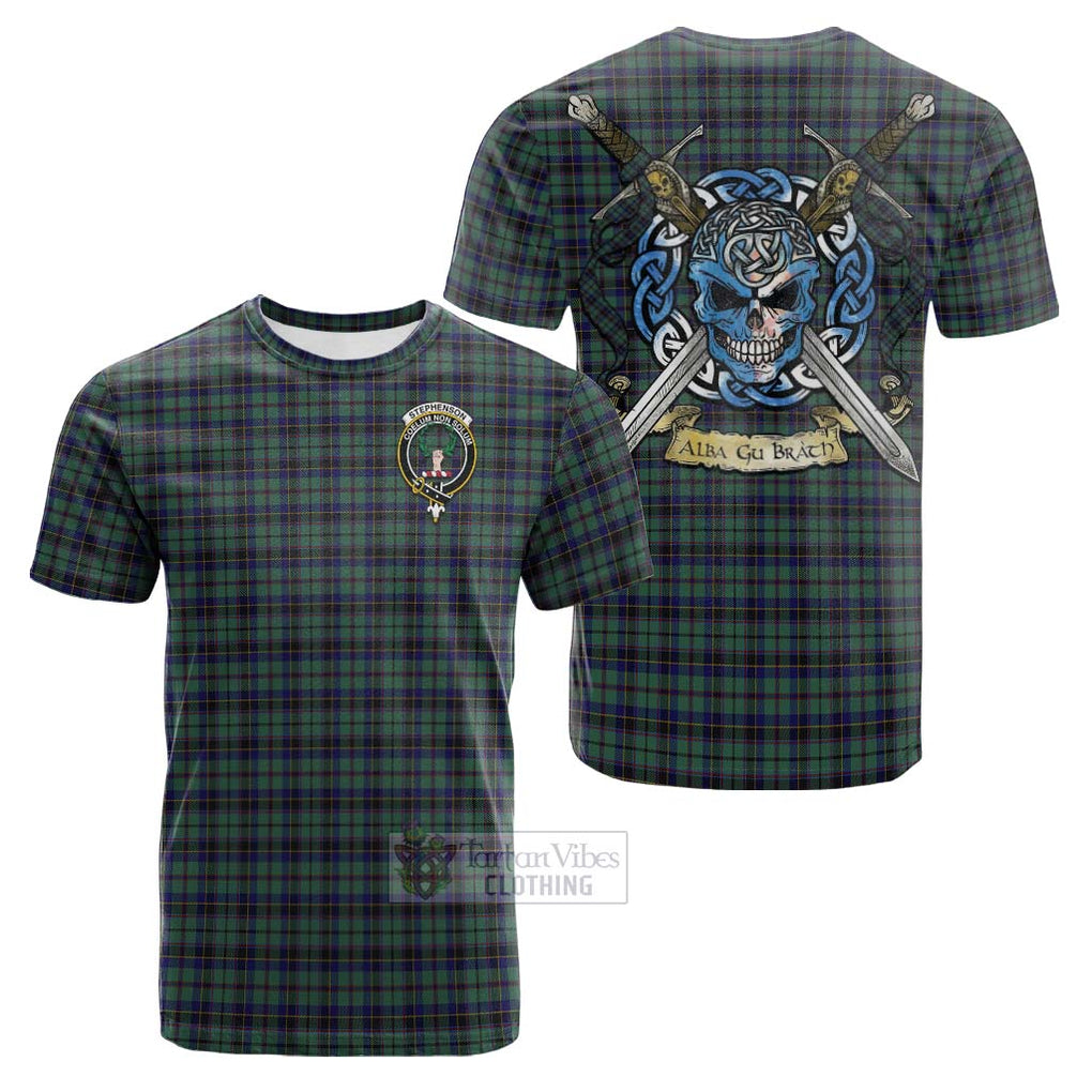 Tartan Vibes Clothing Stephenson (Stevenson) Tartan Cotton T-shirt with Family Crest Celtic Skull Style