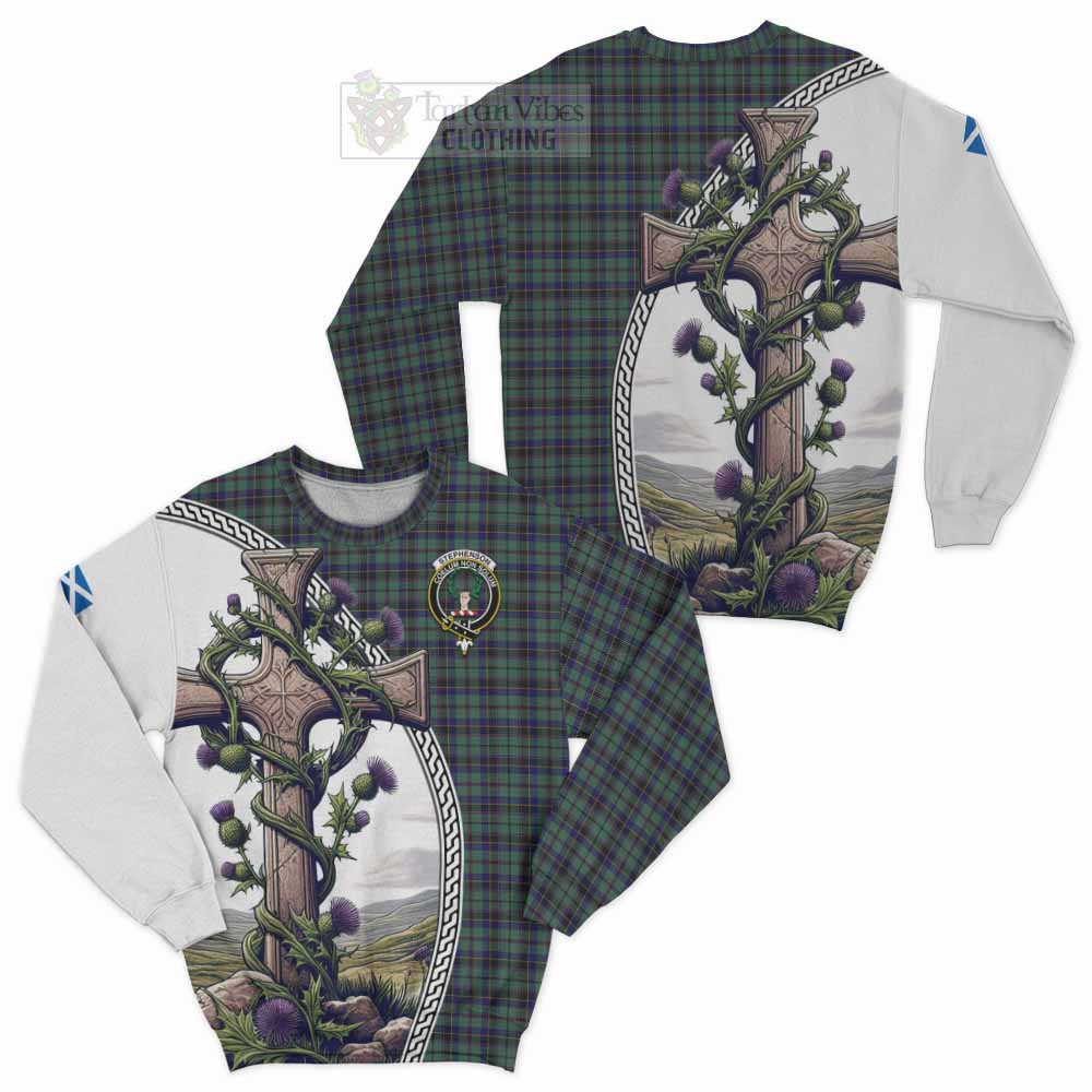 Stephenson (Stevenson) Tartan Sweatshirt with Family Crest and St. Andrew's Cross Accented by Thistle Vines Unisex - Tartan Vibes Clothing