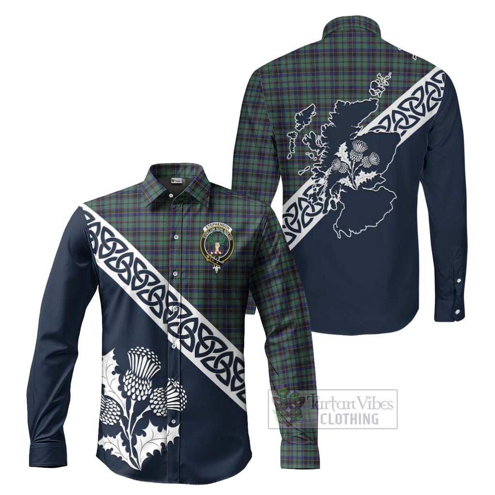 Stephenson (Stevenson) Tartan Long Sleeve Button Shirt Featuring Thistle and Scotland Map Men's Shirt S - Tartan Vibes Clothing