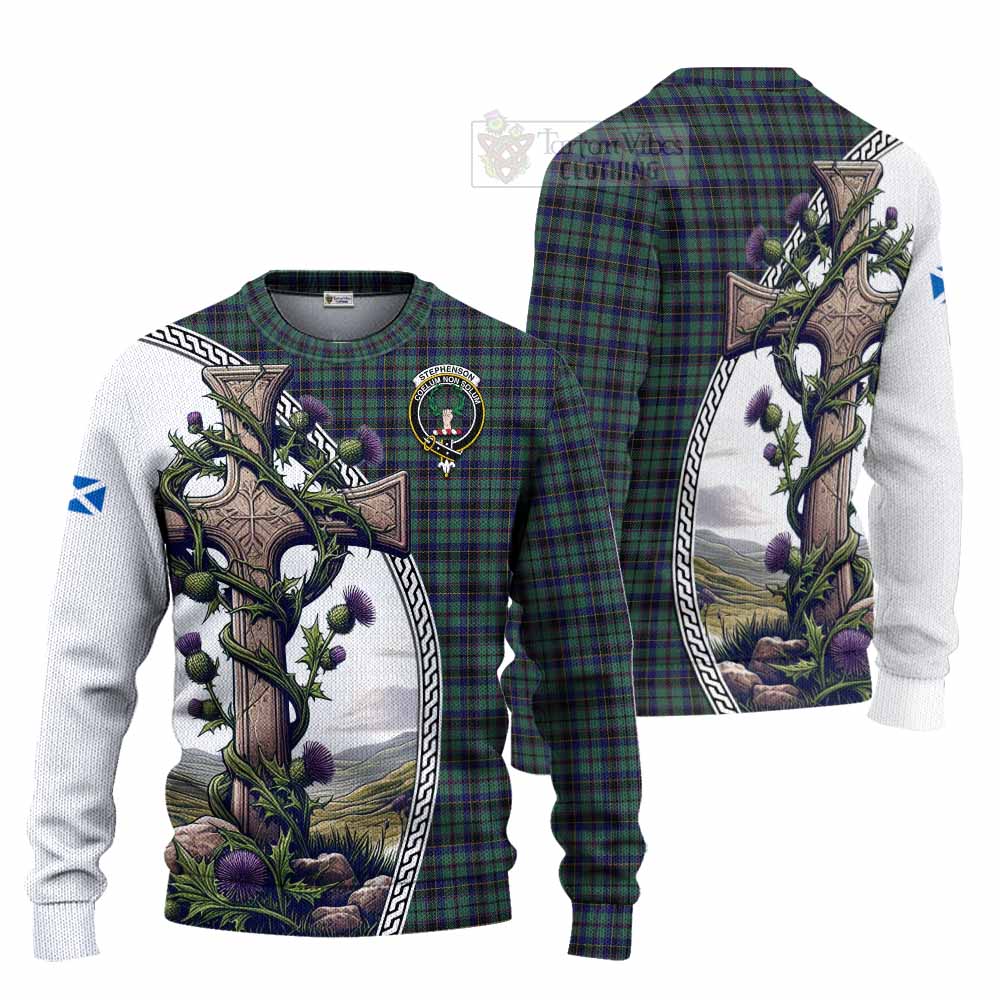 Stephenson (Stevenson) Tartan Knitted Sweater with Family Crest and St. Andrew's Cross Accented by Thistle Vines Unisex - Tartan Vibes Clothing