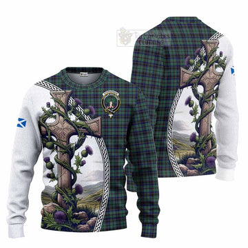 Stephenson (Stevenson) Tartan Knitted Sweater with Family Crest and St. Andrew's Cross Accented by Thistle Vines Unisex - Tartan Vibes Clothing